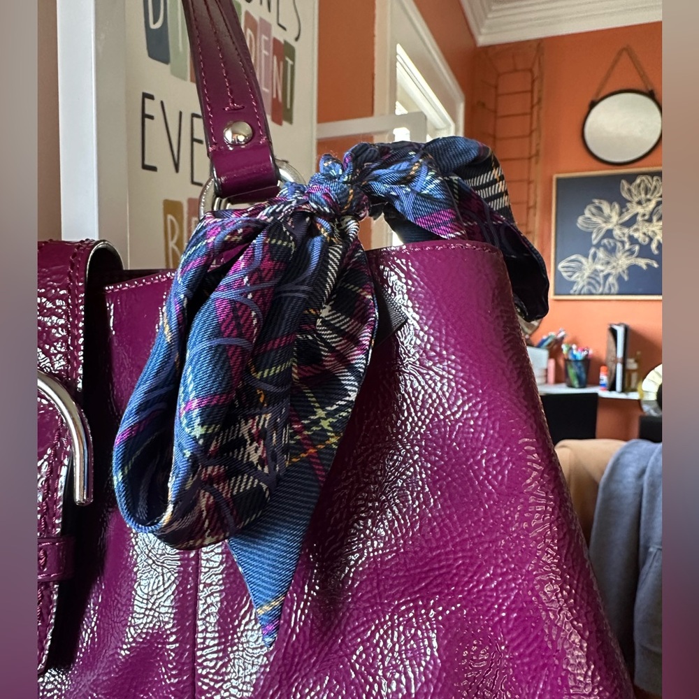Coach Purple Leather Shoulder Bag with Plaid Accent Scarf - Picture 10 of 13